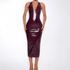 Abito Midi Bodycon in Pelle da Donna con Scollo a V all'Americana Senza Maniche a Vita Media Slim Abito da Club