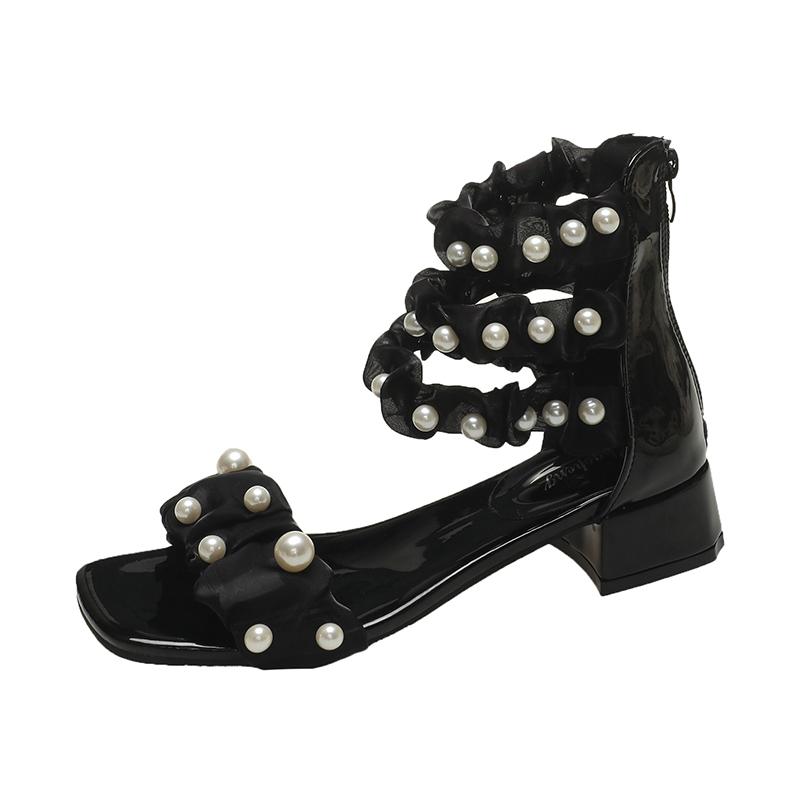 Mote Sandaler med middels hæl Sommer Ny Firkantet tå Snøring Perlebesatt Veske med Glidelås bak Sklisikre Slitesterke Firkantede hæler