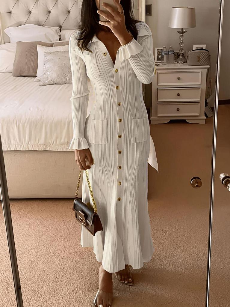 Europäisches & Amerikanisches Slim Fit Strickkleid mit Revers - Elegant einfarbig für Herbst/Winter