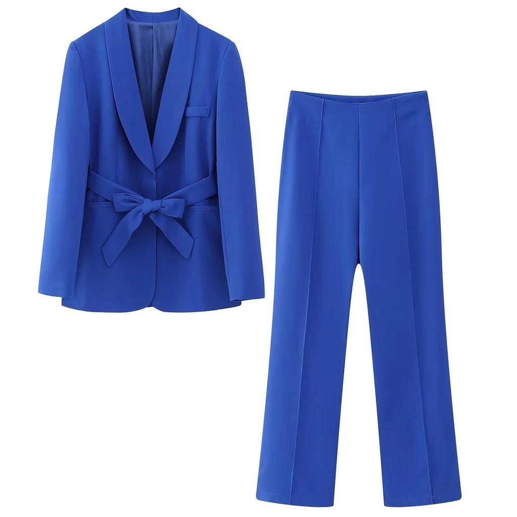 Büro Dame Weiß Blazer Anzüge Frauen Langarm V-ausschnitt Schärpen Blazer Hohe Taille Breite Bein Lange
