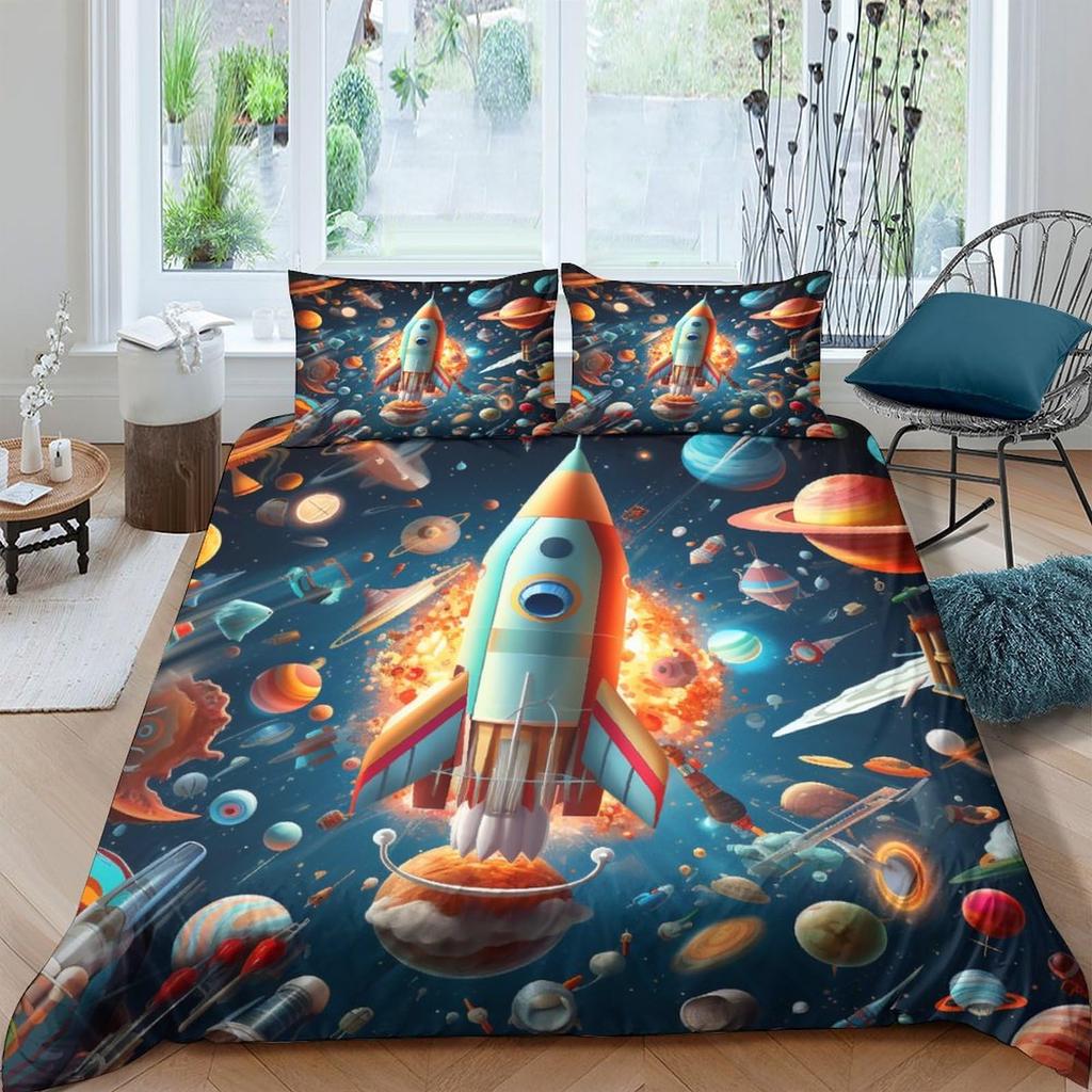 Rocket Print Duvet Cover Sets Queen King Size Lightweight Quilt Covers Bedroom Decor Cartoon Universal Bedspread Covers No Quilt