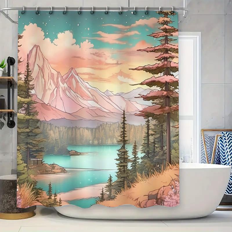 Artistic Lakeside Mountains Shower Curtain for Bathroom Decor Customizable Size Printed Polyester Fabric 90x180cm
