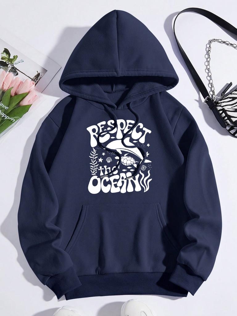 Respect The Ocean Shark Turtle Print Women Hoodie Pocket Hip Hop Hoody Multicolor Casual Pullovers Autumn Fleece Streetwear