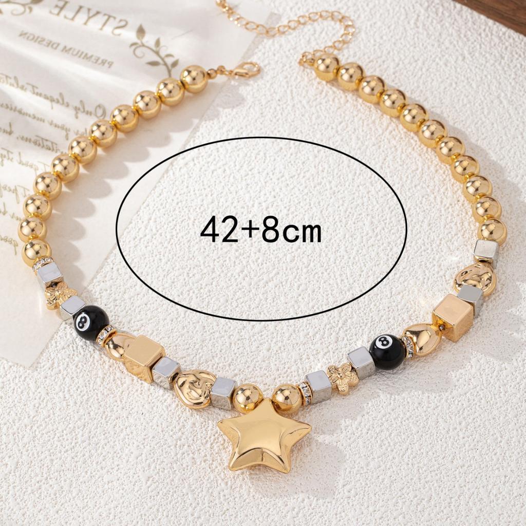 Temperament pentagram round bead square ring necklace color simple neck chain