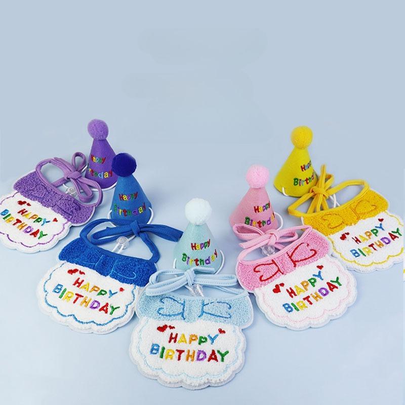 Pet Birthday Hat Drool Towel Set Cute Creative Design Letter Embroidery Holiday Cat and Dog Accessories Scarf Elastic Rope