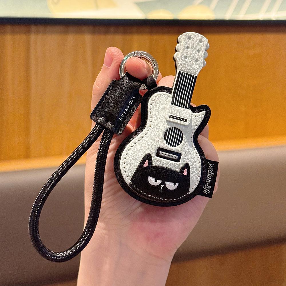 High-End Customizable Cat Guitar Leather Keychain Pendant