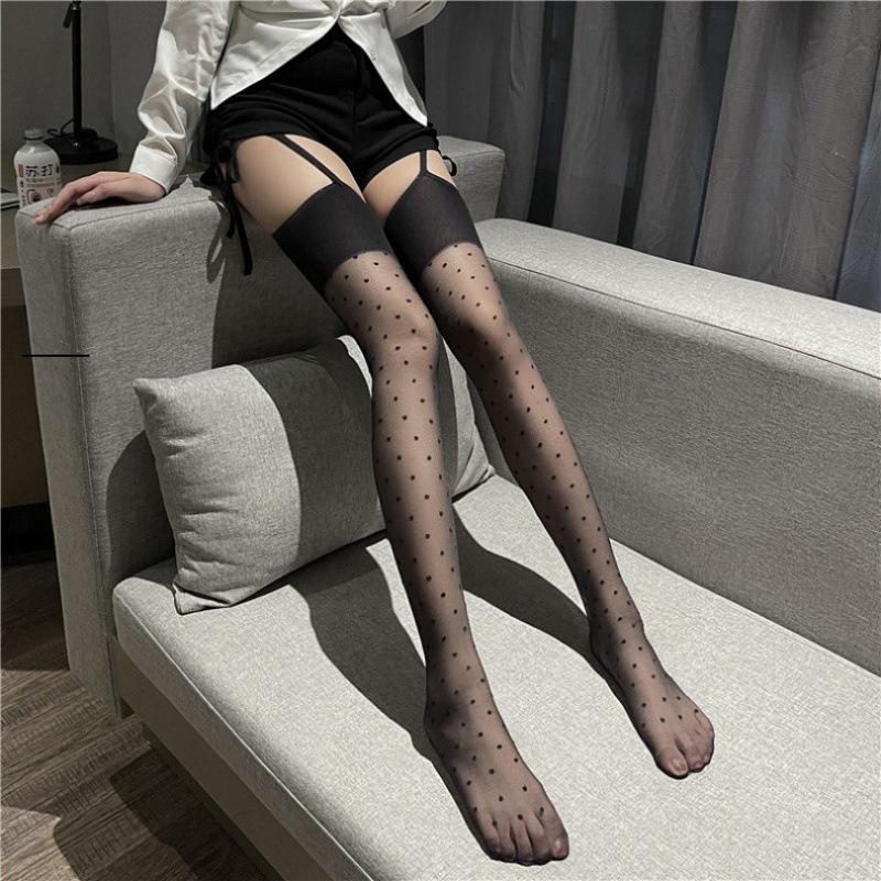 

Ретро элегантный в горошек интегрированные подтяжки ультратонкие бесшовные шелковистые сексуальные четырехсторонние полые черные чулки колготки One Size
