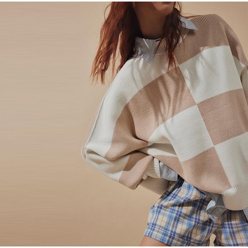 Повседневный свободный клетчатый вязаный пуловер для осени/зимы — фото 3