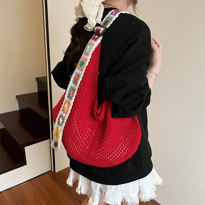 Large Capacity Crochet Tote Bag Ethnic Style Hollow Out Woven Bag Embroidered Strap Knitting Handbag For Female Travel AVE