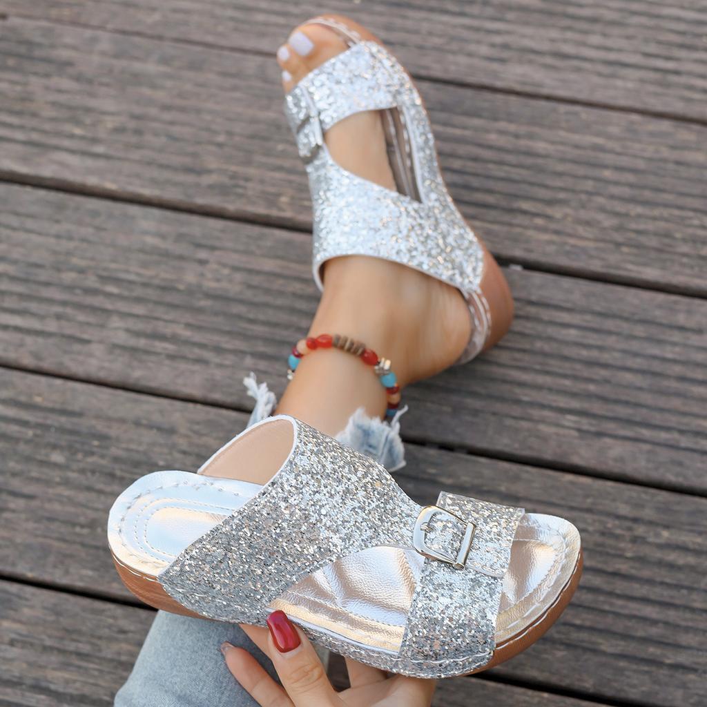 Fashion Large size summer women's shoes metal solid color open toe wedges with fish mouth one line slippers independent stand