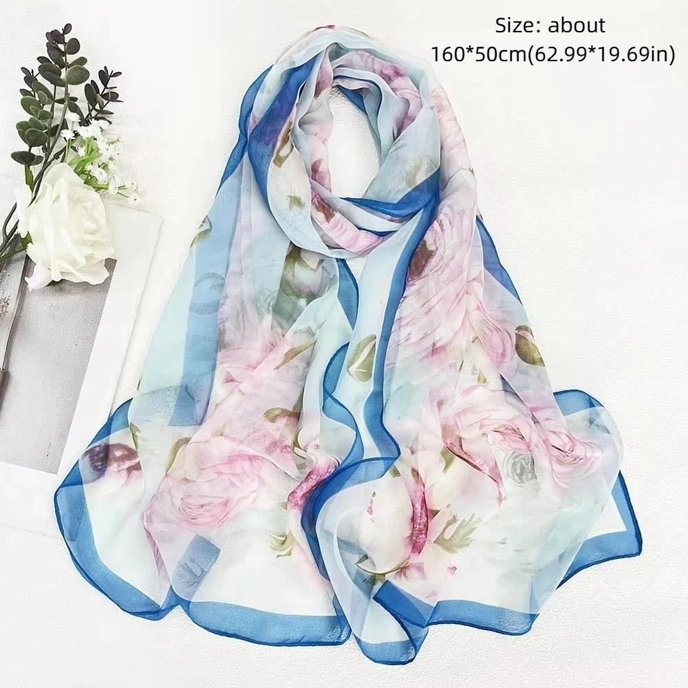 Thin Soft Long Chiffon Scarf Flower Print Beach Scarves Sun Protection Scarf for Casual Wear