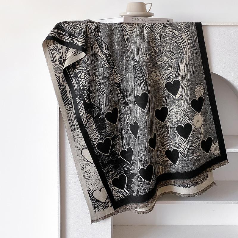 Imitation Cashmere Love Pattern Retro Style Texture Printing Thickened Warm Scarf Shawl