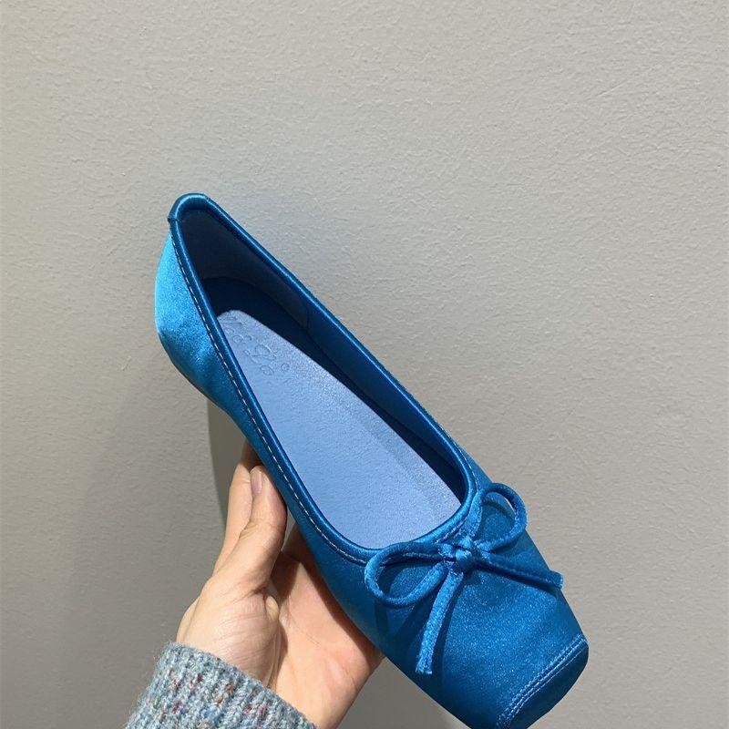 Sanfter Abendwind Ballerinas 2025 Französische süße Schleife Blau Eckige Zehenpartie Flacher Ausschnitt Höhenerhöhung Abendwind Damenschuhe