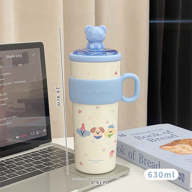 Japanese Imported Cute Rabbit and Bear Large Capacity Thermos Cup, Cold-Keeping Ice Cup, High Aesthetic Value, with Straw, for Girls, Office Use