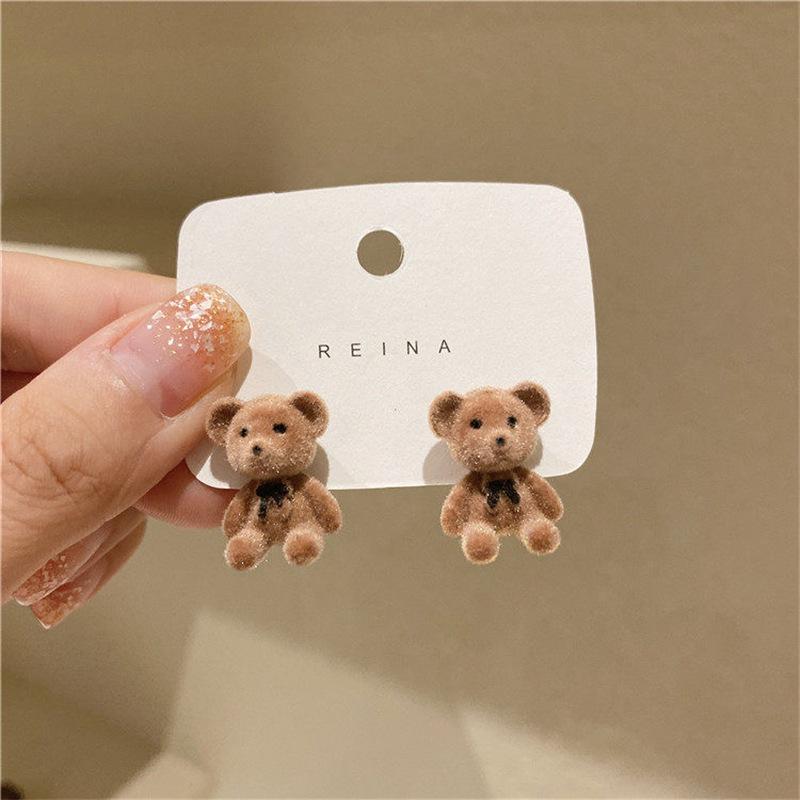 Bear Earrings for Women Girls 2026 Fashion Korea Silver Needle Autumn and Winter Earrings Cute Flocking Rabbit Ear Studs Jewelry