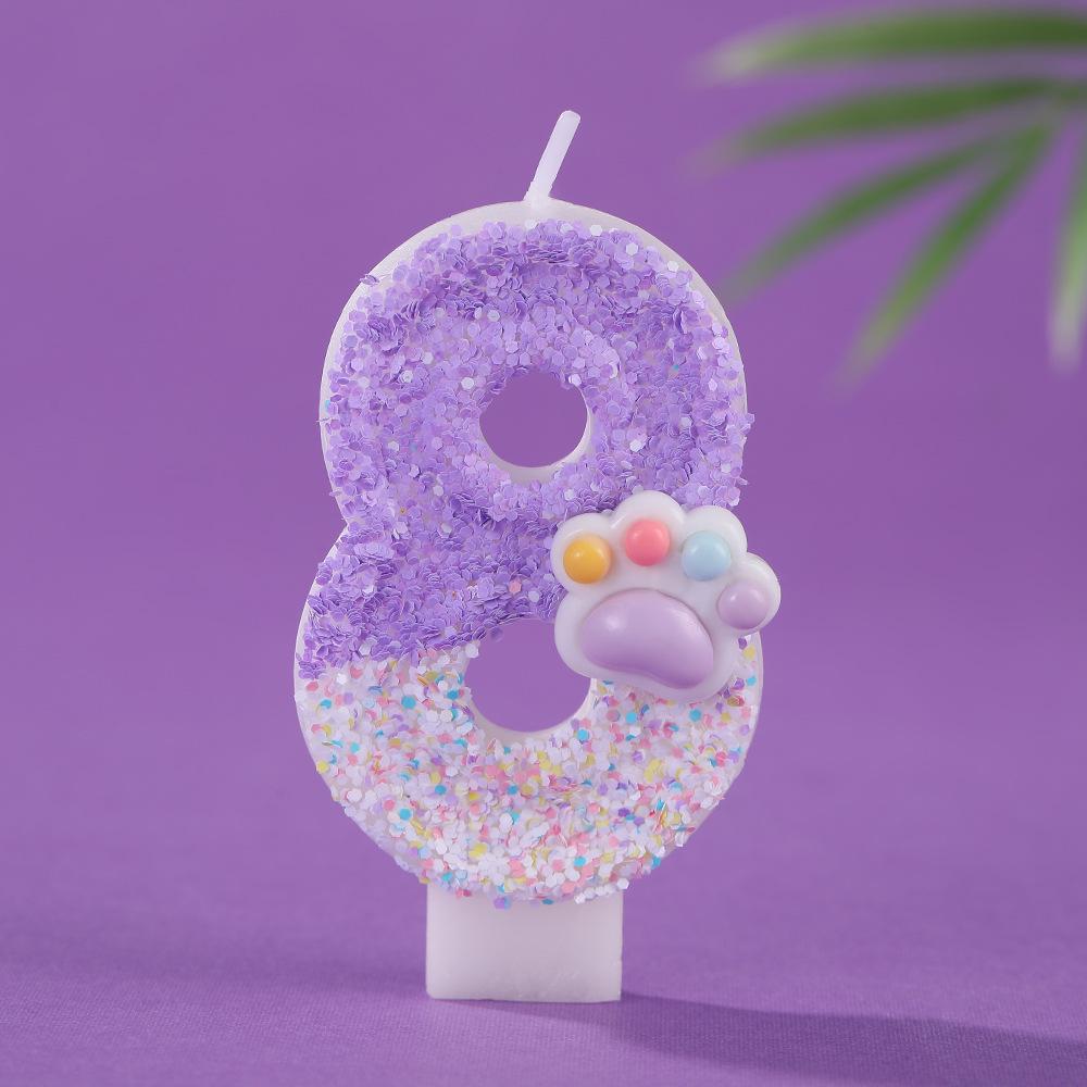 Dreamy Purple Gradient Cat Paw Number Candles - Creative Cartoon Cake Decorations