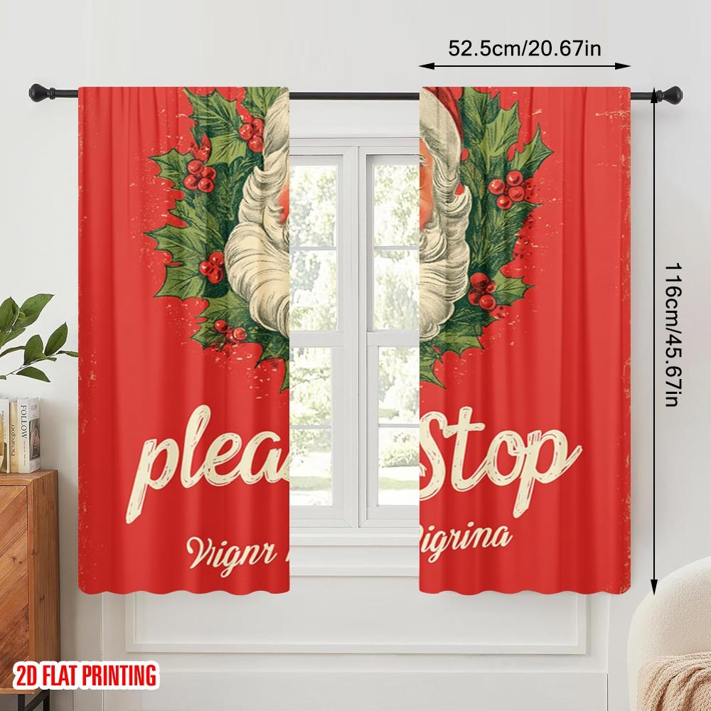 2pcs,2D Plane Printing Curtains Digital Printed Santa Please Stop Here Versatile Polyester Fabric (without Rod) Decorations