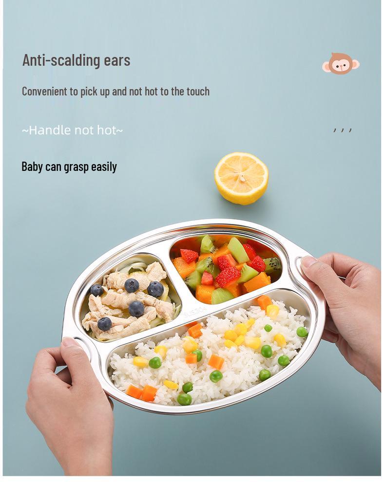 Creative 304 Stainless Steel Children's Divided Plate - Cartoon Anti-fall Design for Kindergarten and Baby Tableware.