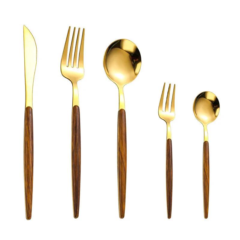 5 stk/sett Sølv Gull Bestikksett Trehåndtak Rustfritt Stål Kniv Gaffel Skje Stearinlys Middag Kniv Gaffel Skje Servise