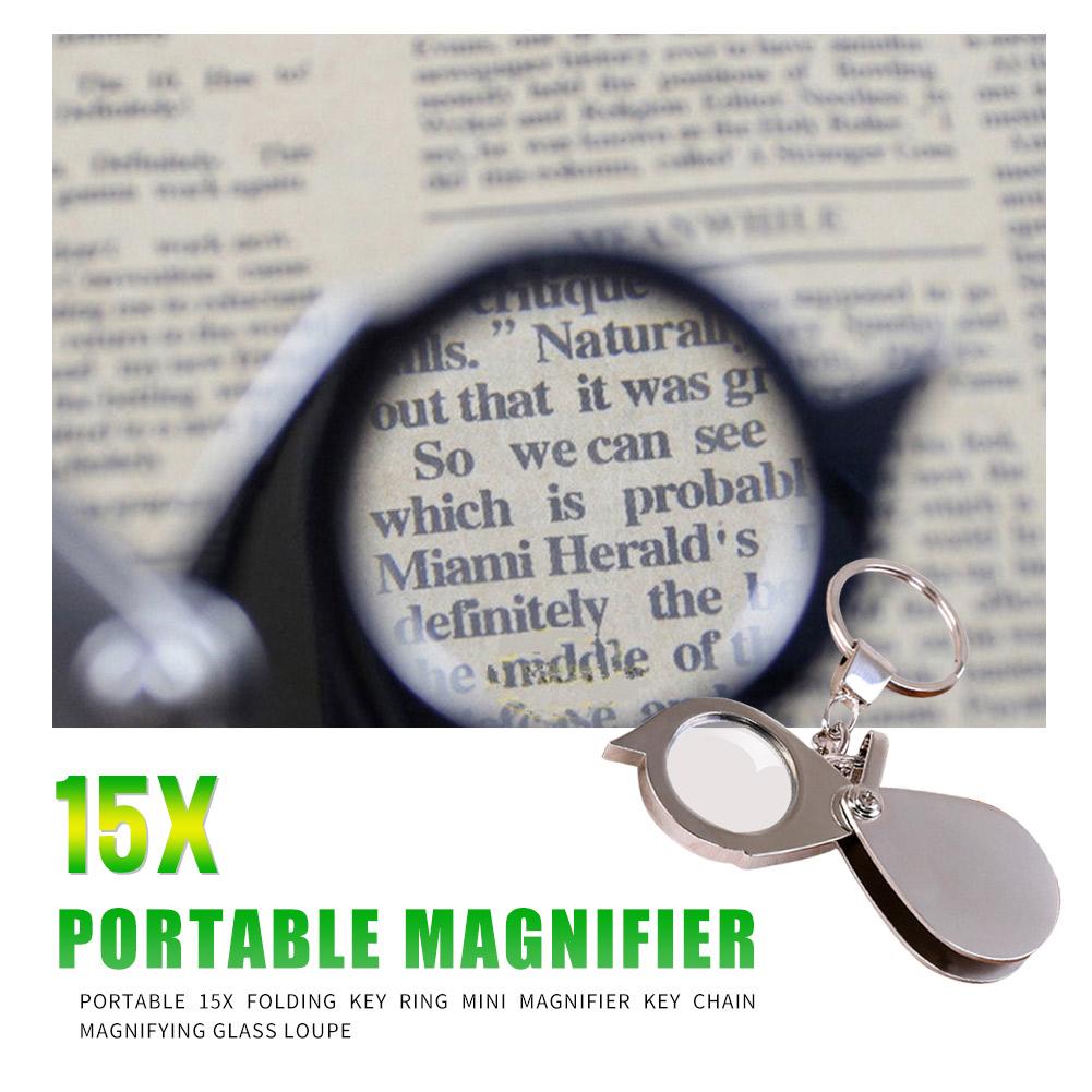 10-1PCS Portable Mini 15X Magnifier Metallic Silver Foldable Exquisite Keychain Glass Loupe Pocket Tool Gift Supplies