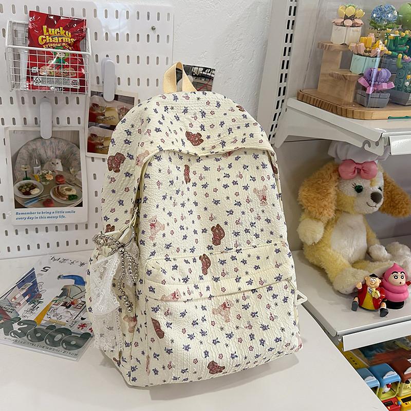 Little Bear Floral Print Youthful Nylon Student Backpack With Breathable Design For Daily Use