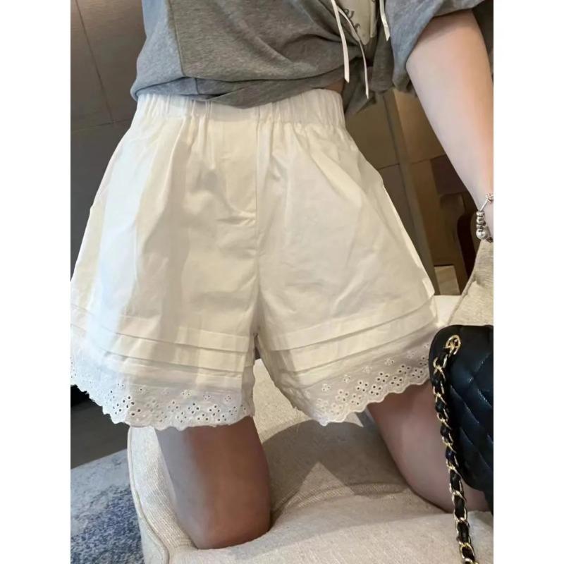 White Lace Trim Elastic Waist Casual Short Skirt Daily Fashion Wear For Women