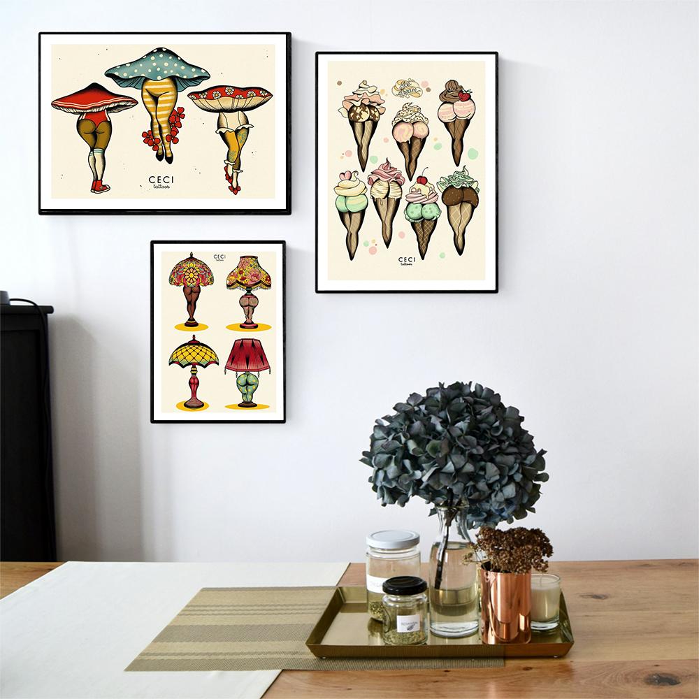 Funny Abstract Canvas Poster Mushroom Carrots Butt with Sexy Woman Leg Prints Vintage Wall Art Picture for Bedroom Home Decor