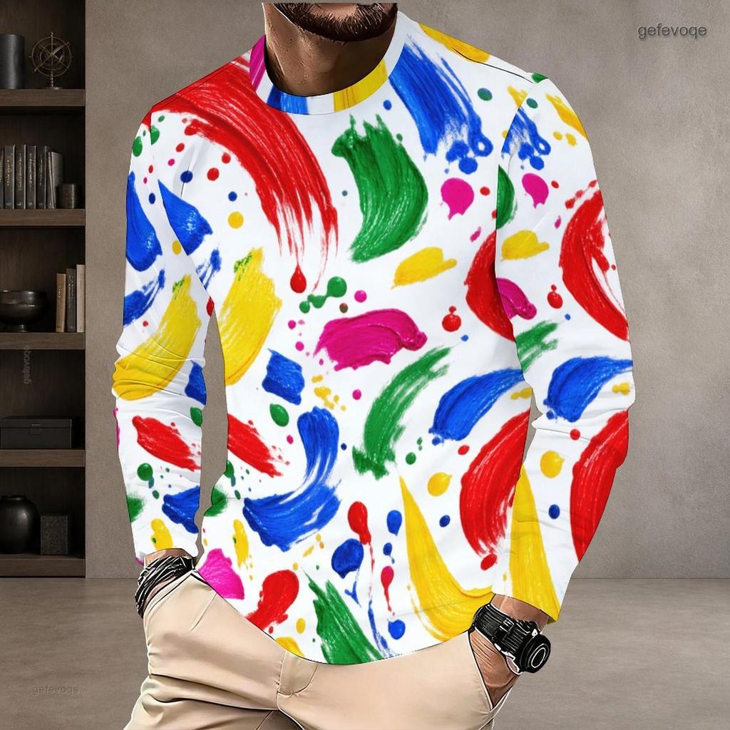 Men Plus Size Round Neck Long Sleeve Printed White T Shirt Casual Pullover