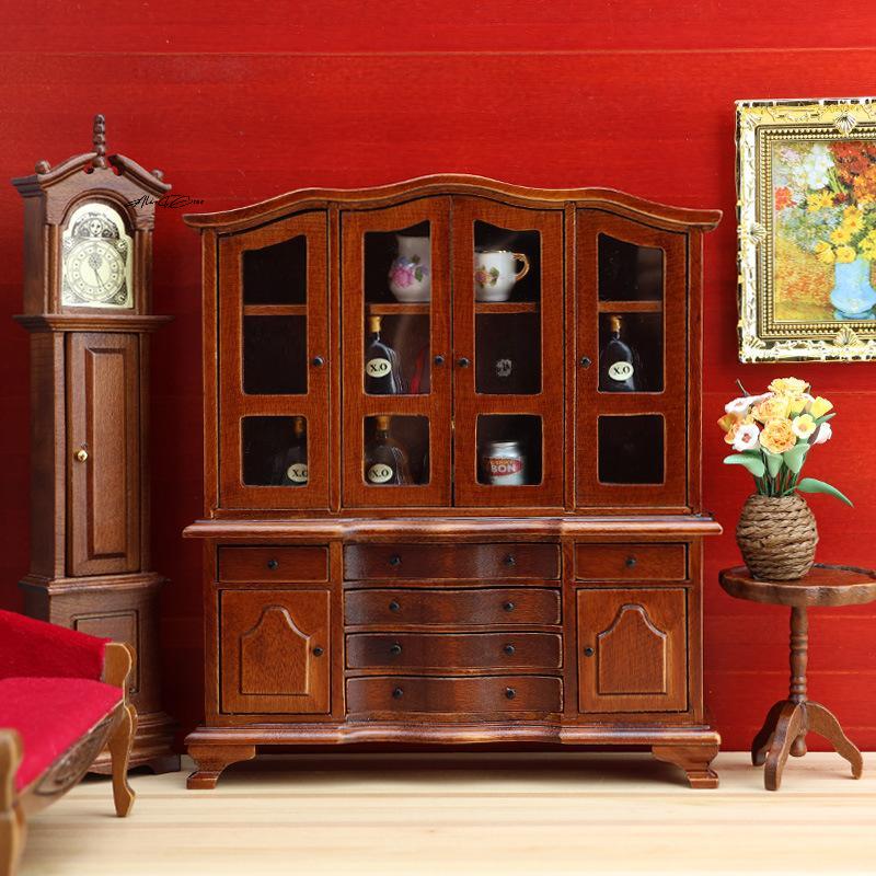 1/12 Miniature Wooden Handicrafts European Classic Miniature Cabinets Dollhouse Bedroom Furniture Set for DIY Decoration