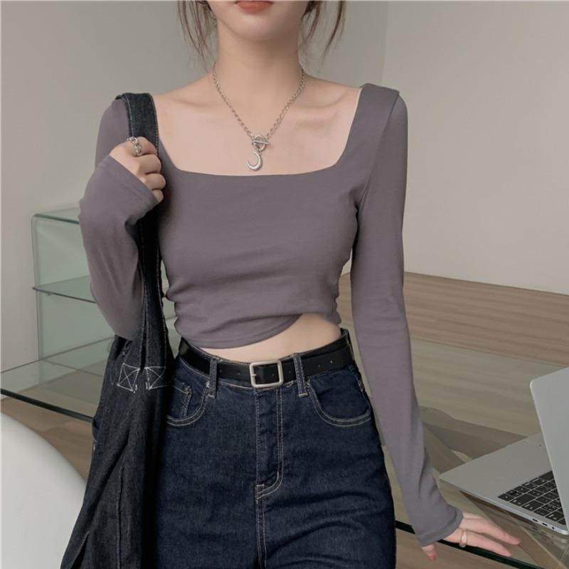 Women Square Neck Cropped Fitted Long Sleeve Casual Base T Shirt