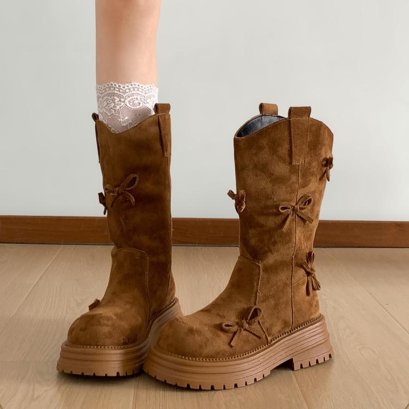 Autumn Winter Platform Thick Sole Women Mid Calf Fashion Butterfly knot Female Retro Western Cowboy Booties