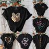 Womens Short Sleeved Tshirt with Leopard Print Heart Pattern Top Fashionable and Casual Daily Black Tshirt with Heart Print