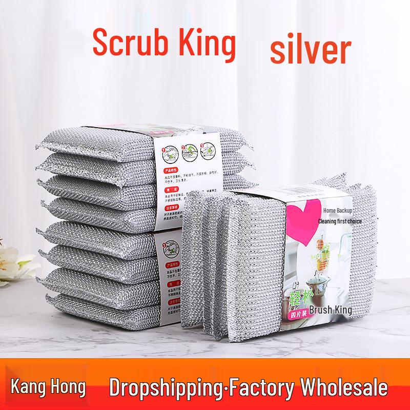 4-Piece Kitchenware Cleaning Set: Silver Dishwashing Brush, Pot & Bowl Brush, White Cleaning Cloth