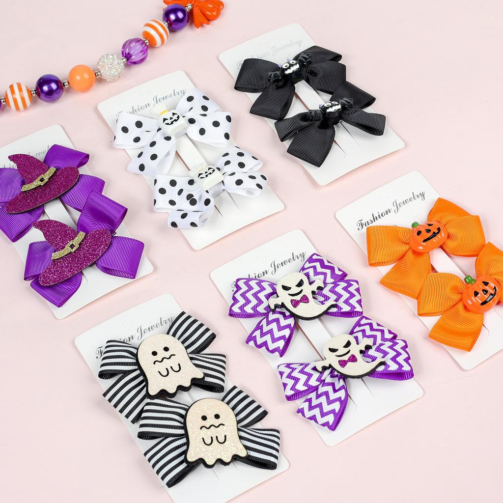 2PCS/Set Children's Hair Clip Girl Halloween Pumpkin Head Witch Hat Ghost Candy Bat Party Bow Duckbill Clip Hair Clip