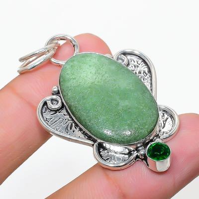 Natural Chrysoprase, Diopside Gemstone 925 Sterling Silver Pendant 2.13" Y6w02