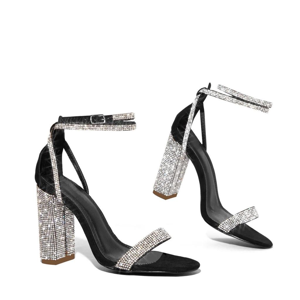 Women Black Rhinestone Thick High Heels Straight Buckle Strap Sexy Sandals Fashion Party Wedding Shoes Comfortable