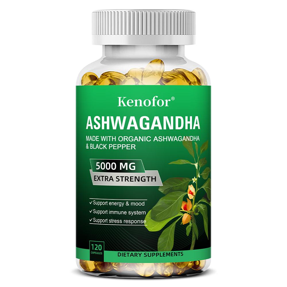 Organic Ashwagandha 5000mg Extra Strength with Black Pepper, 120 Dietary Supplement Softgels 120PCS