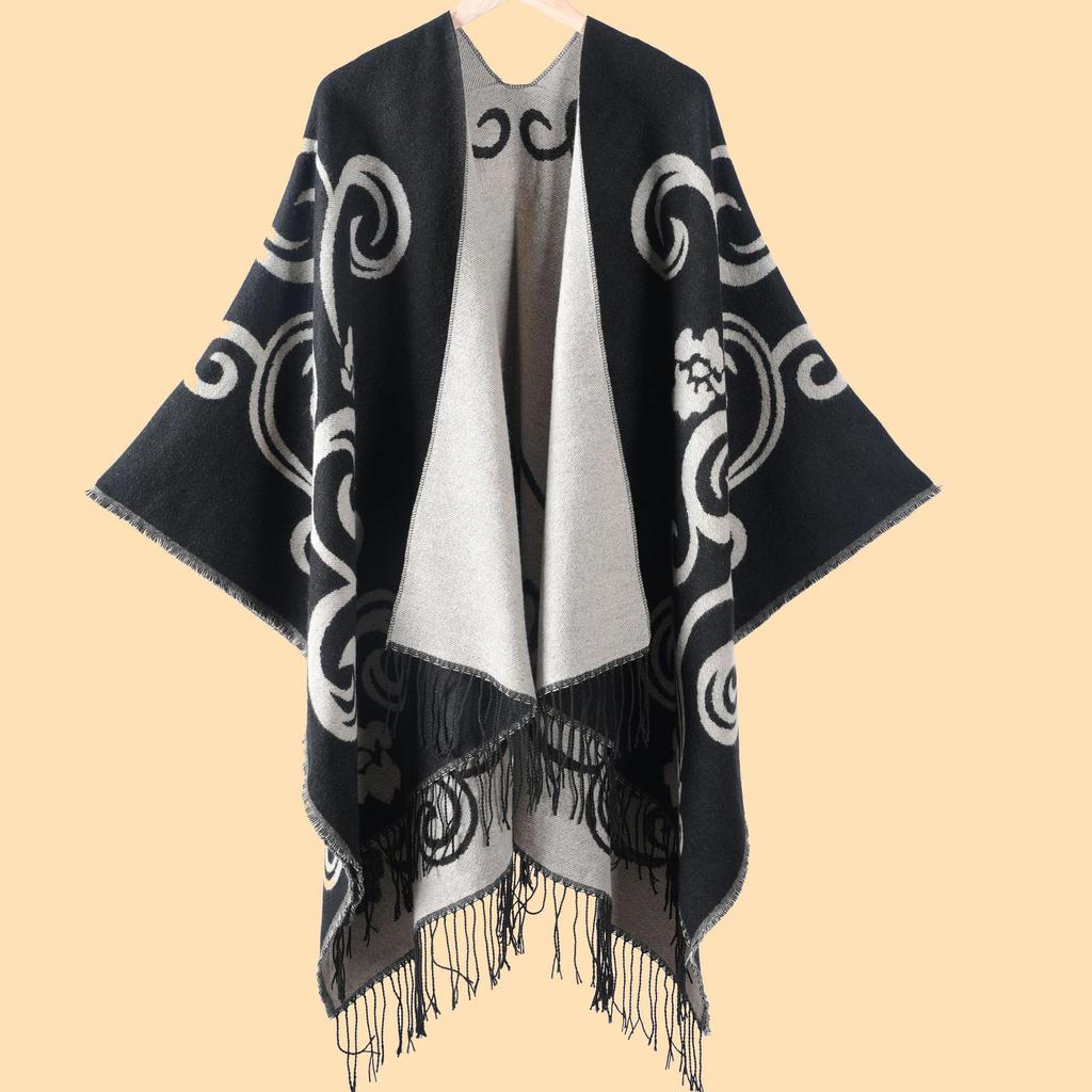 Versatile Plaid Women's Faux Cashmere Shawl: Ethnic Style Slit Cape for Autumn/Winter