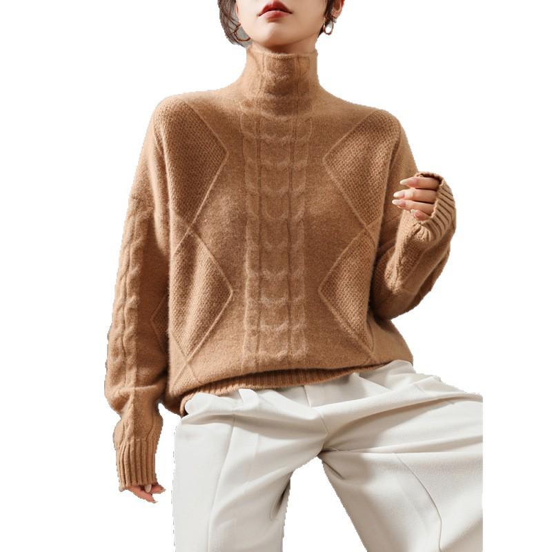 Women's French High Neck Wool Sweater - Diamond Twist Pattern, Loose Fit, Warm Knit Pullover