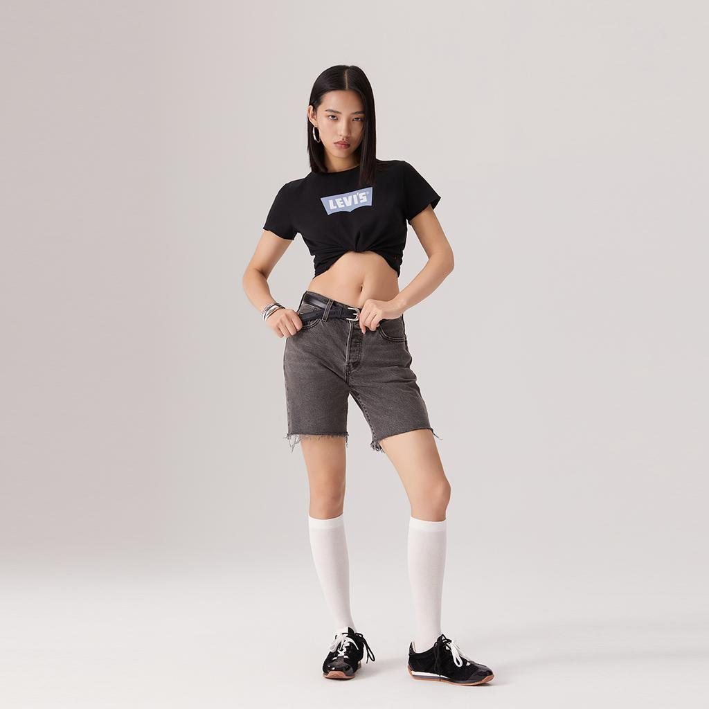 Levis Casual Versatile Slim Fit Logo Print Ribbed Round Neck Short Sleeve T-Shirt Women T-Shirts Black 003SN-0001