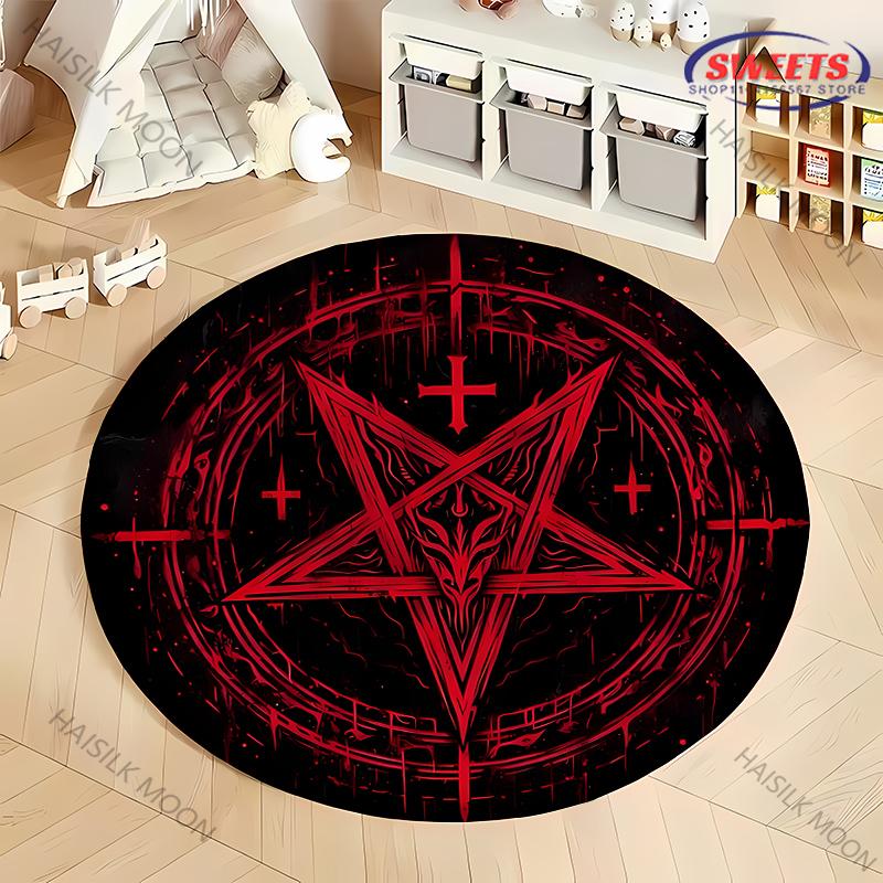 Dywaniki okrągłe z nadrukiem pentagramu z głową kozła 666 i 999, tajemnicze okrągłe dywany odpowiednie do pokoi, salonów, pokoi komputerowych, prezent