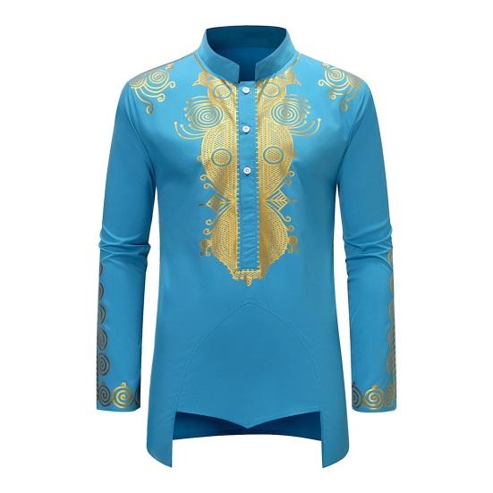 Camisa masculina primavera outono estilo étnico gola alta botões decote manga comprida pulôver tops estampa frente costas baixas camisa alta