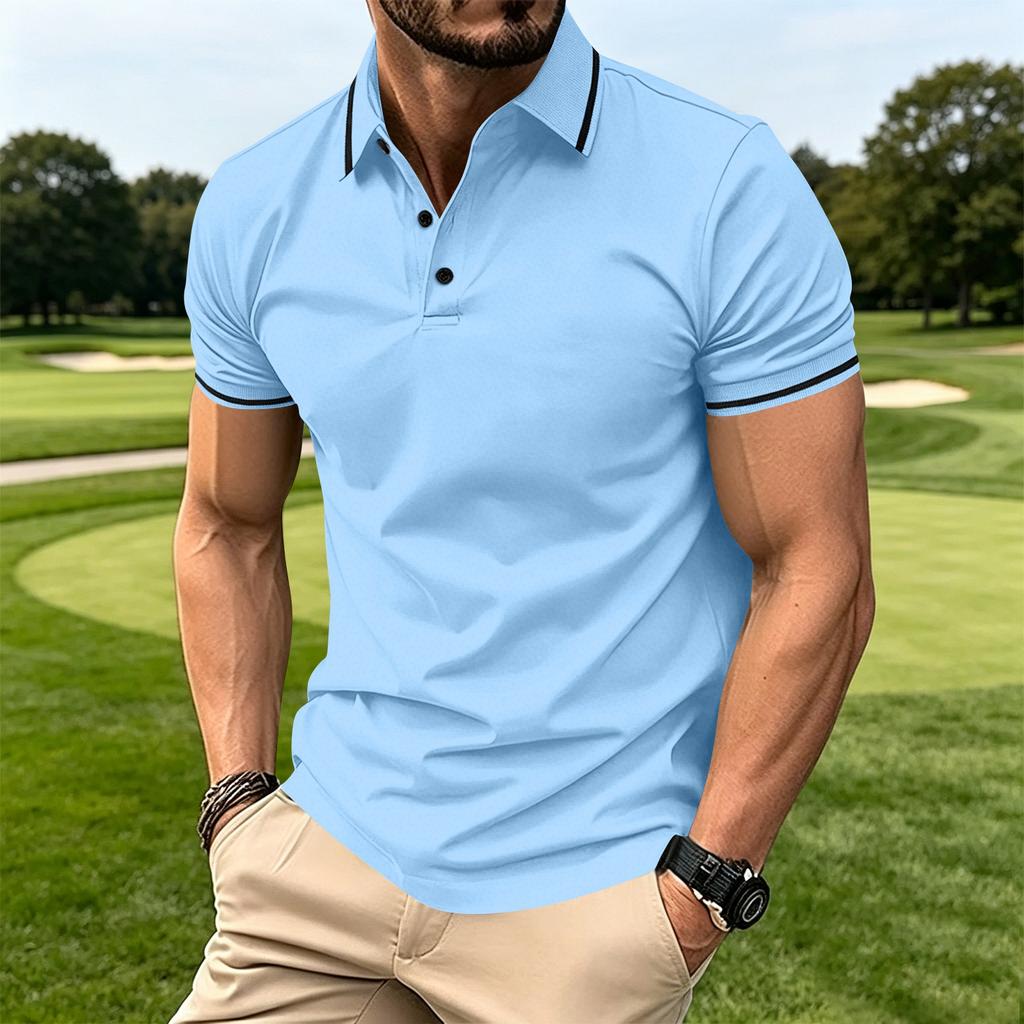 Men's Button Ribbed Collar Polo Shirt Short Sleeve Athletic Fit Casual Lightweight Breathable Fabric Summer Top