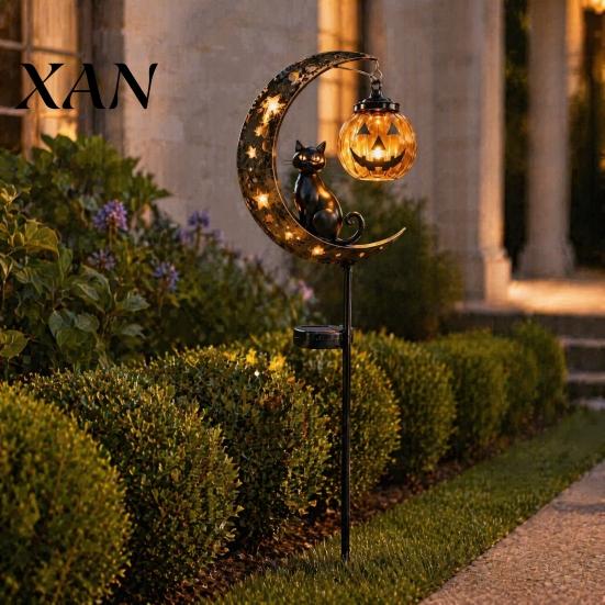 Black Cat Halloween Solar Light Garden Stake Light, Soft Warm Jack-o-Lantern, Moon Flower Bed Lights Silhouette Outdoor Pathway Decor, Waterproof