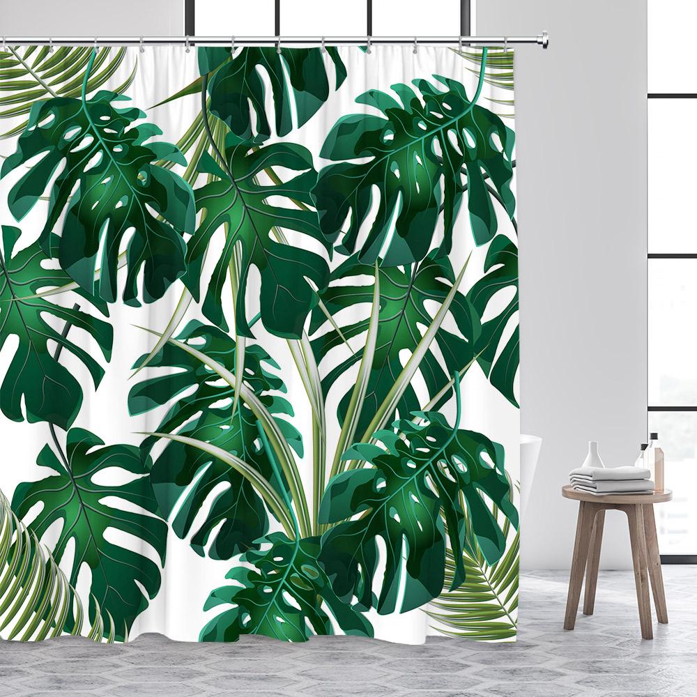 Tropical Plant Leaves Shower Curtain Hummingbird Palm Leaf Monstera Butterfly Watercolour Art Fabric Home Decor Bathroom Curtain