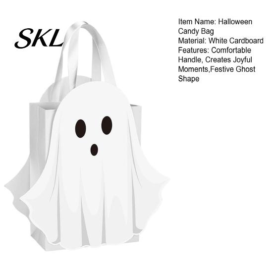 Ribbon Handle Bag Halloween Ghost Gift Bag, White Candy Pouch with Cute Face, Trick or Treat Favor for Party, Kids Goodie Prizes Holder