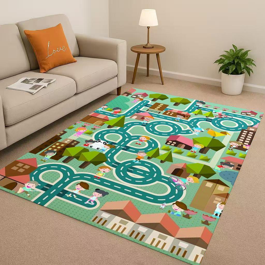 City Street Road Traffic Race Track Child Interaction Game Cartoon Living Room Kid Playroom Non-Slip Area Rug Carpet for Bedroom