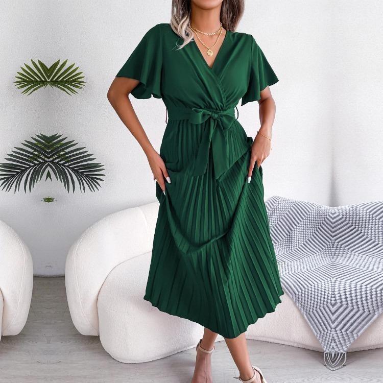 Sommer V-Ausschnitt Kurzarm Maxi Kleid Elegant Damen Einfarbig Plissiert Langes Kleid Frühling Sommer Mode Größen S XL