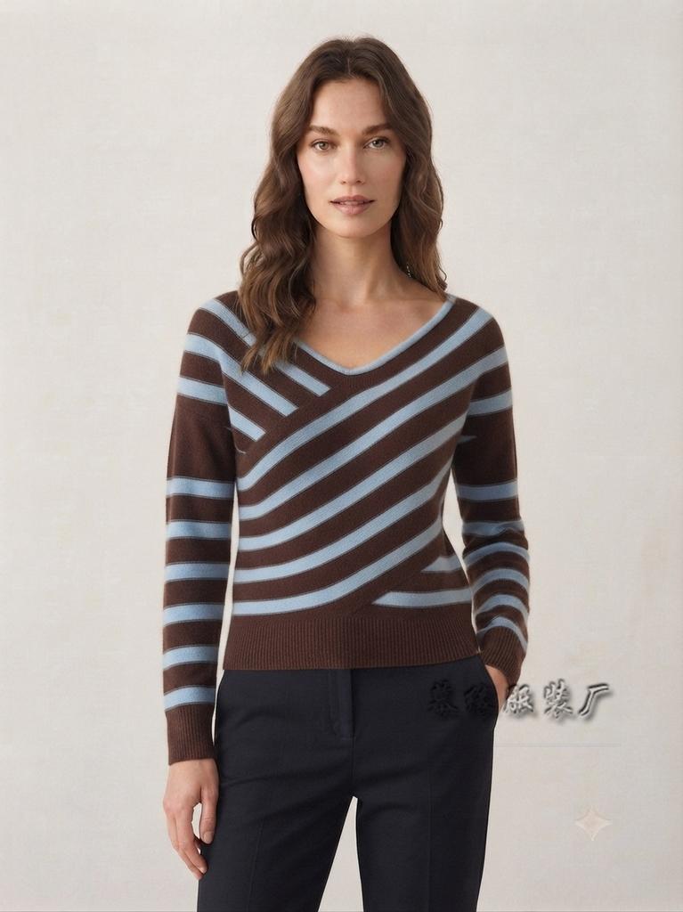 2026 autumn and winter new contrasting color off-the-shoulder casual European and American sweaters women's versatile striped knitted sweaters women's