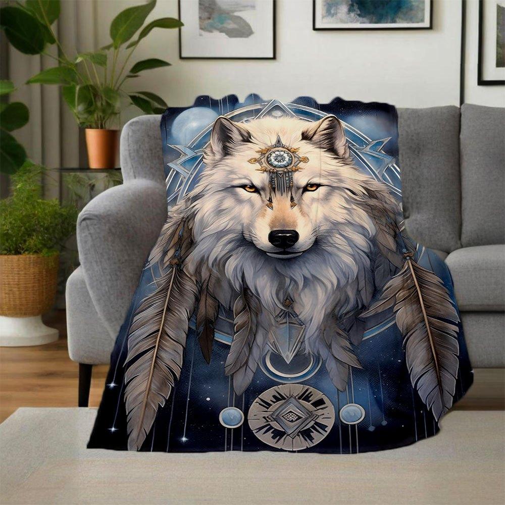 "White Wolf Spirit Dreamcatcher Wall Art Print"Blanket Flannel Throw Blanket for Sofa, Bed, Travel, Camping, Office, Couch, Chair, And Bed G